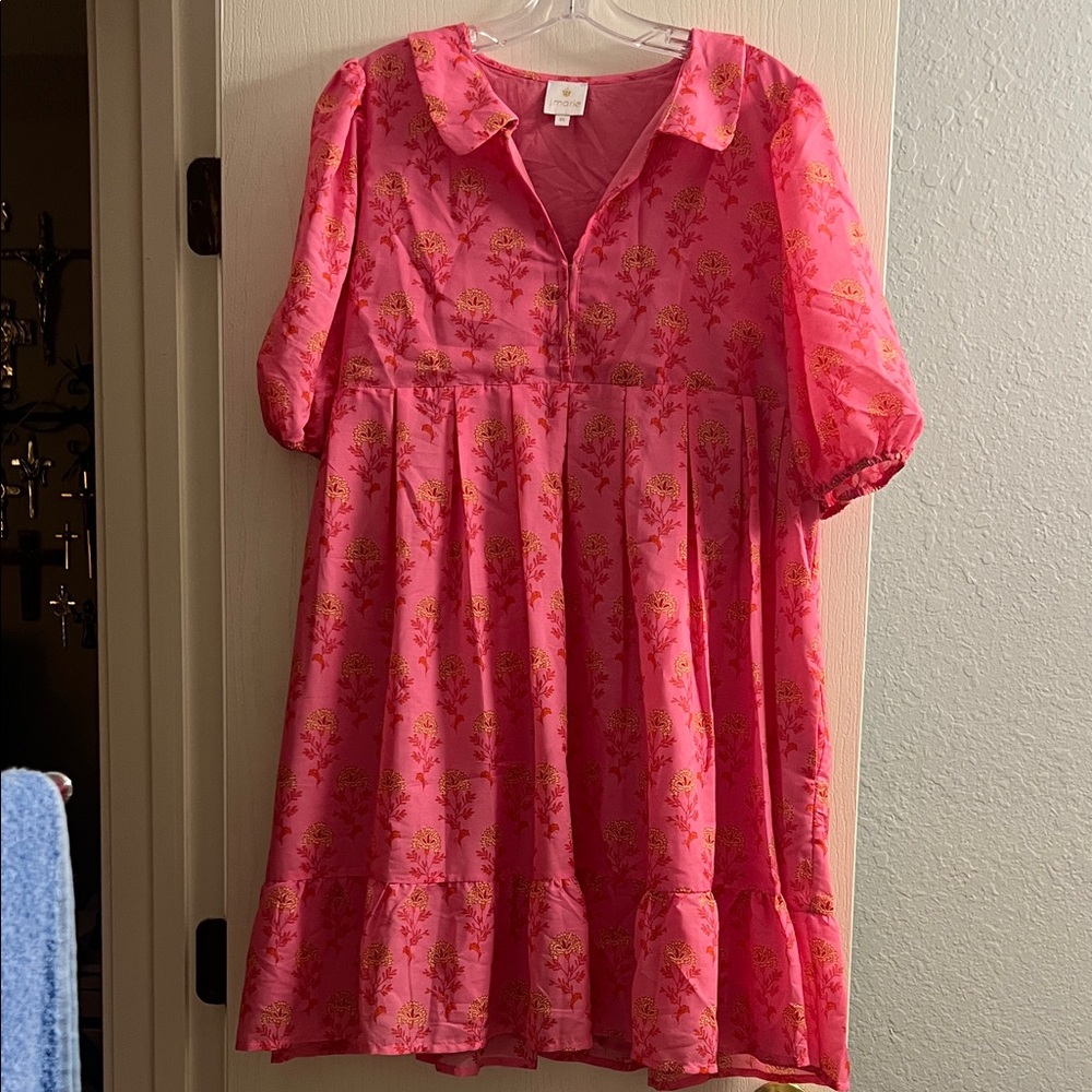 Bright Pink Floral Mini Dress with Puff Sleeves and Collar
